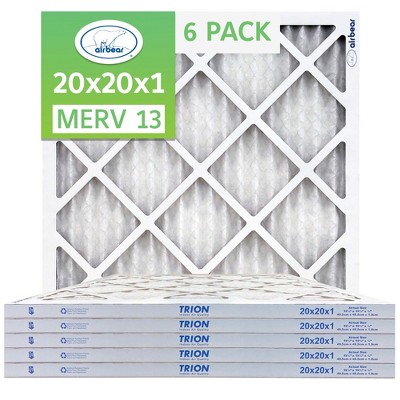 Trion MERV 13 Air Bear 20 x 20 x 1" High Efficiency High Dust Holding Capacity Pleated HVAC Filter with Durable Double Wall Frame Design, 6 Pack
