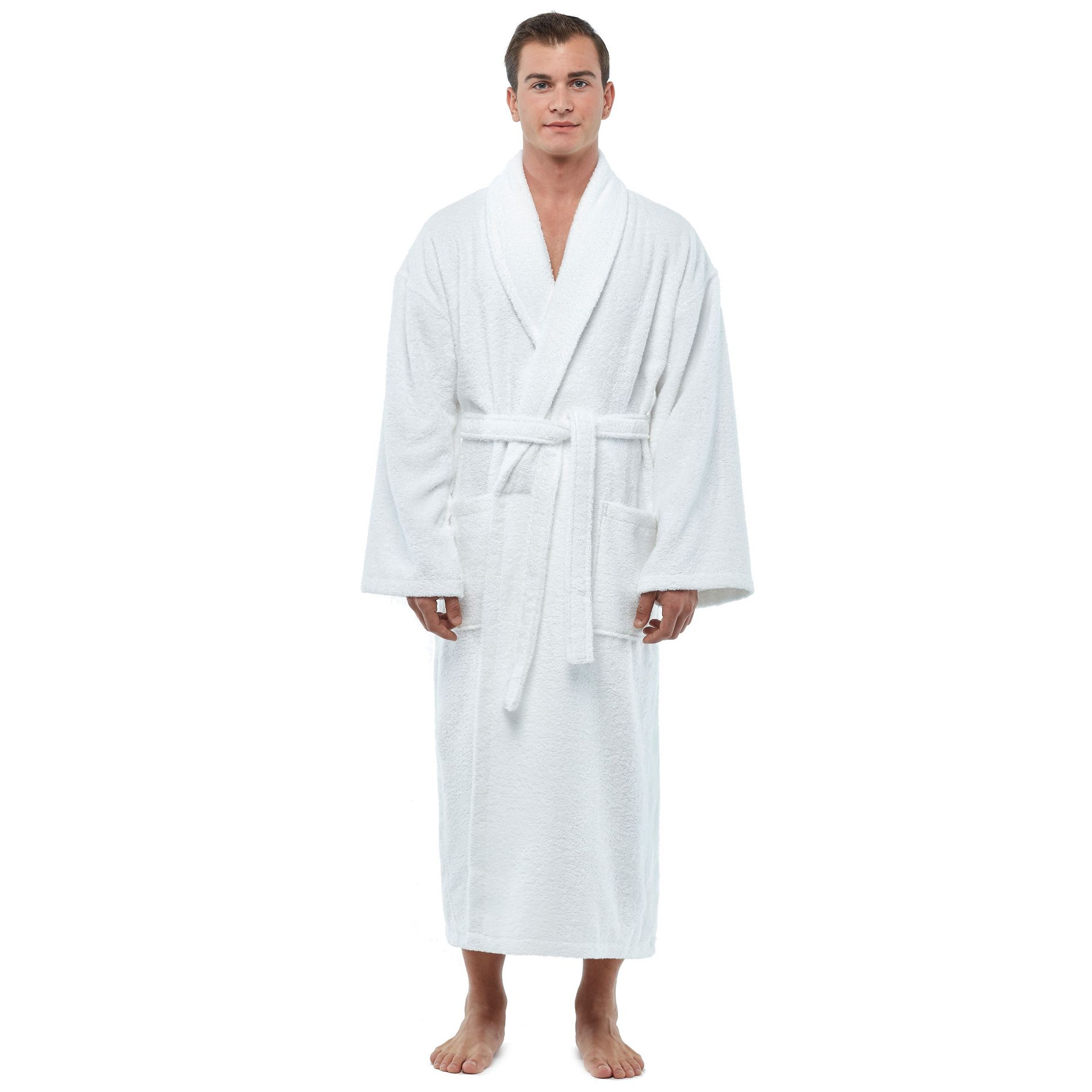 Arus Men's Mid-Calf Turkish Terry Cotton Robe, Shawl Collar Bathrobe , White , XX Large