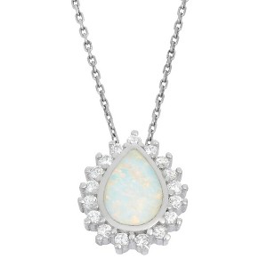 Opalata Sterling Silver, White Inlay Opal Teardrop with CZ Border 18" Pendant Necklace - White - 1 of 2