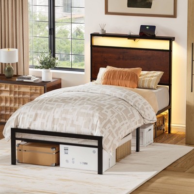WOWLIVE Twin/Full/Queen/King Size Bed Frame with LED Light and Charging Station, Metal Frame with Storage Headboard, Large Storage Space