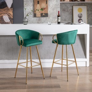 DYHOME Set of 2 Velvet Bar Stools - 30" Counter Height with Chrome Footrest & Gold-Toned Legs, Modern Kitchen Stools - 1 of 4