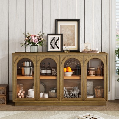 VYNXARIA 4-Door Large Storage Buffet Cabinet with Glass Doors£¬Arched Design with Adjustable Shelves in Old Pine Finish