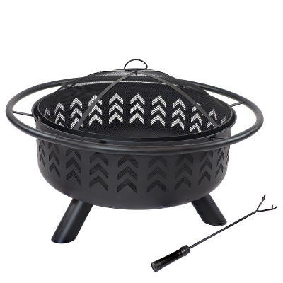 36-Inch Black Steel Arrow Motif Fire Pit with Spark Screen
