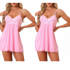 cheibear Women's Lace V-neck A-line Nightgowns with Adjustable Strap 2 Pcs - 1 of 4