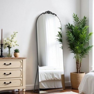 64.35x23.4 Inch Vintage Carved Wooden Right Angle Arched Black Full-Length Mirror (With Bracket)