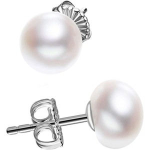 Sterling Silver White Button Freshwater Cultured Pearl Stud Earrings for Women Gift - 1 of 4