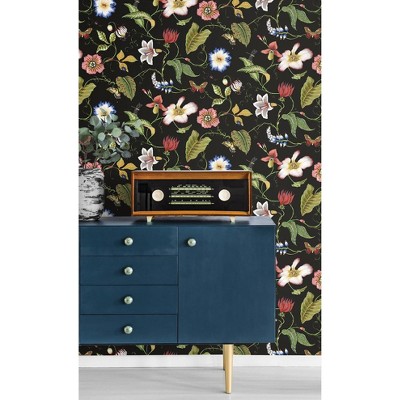 Jet Black Floral Peel and Stick Vinyl Wallpaper