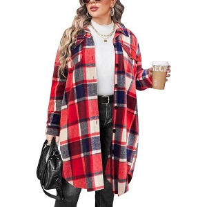 Zeagoo Womens Plus Size Flannel Plaid Shirts Long Sleeve Lounge Lapel Boyfriend Button Down Tartan Long Jacket Coats - 1 of 4