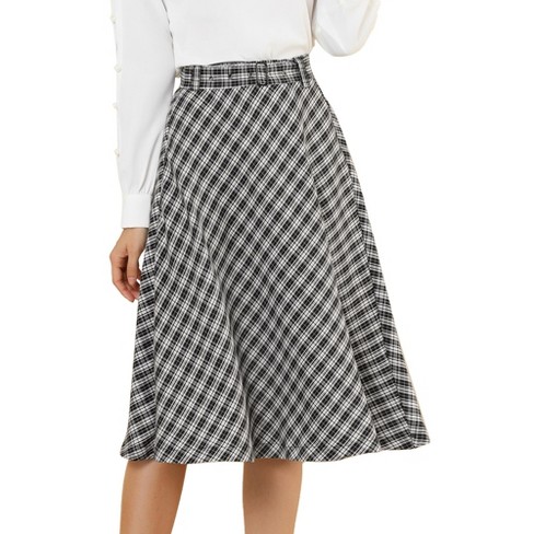 Allegra K Women's Tartan Plaid High Waist Belted Vintage A-line Midi Skirt  Black White Large : Target