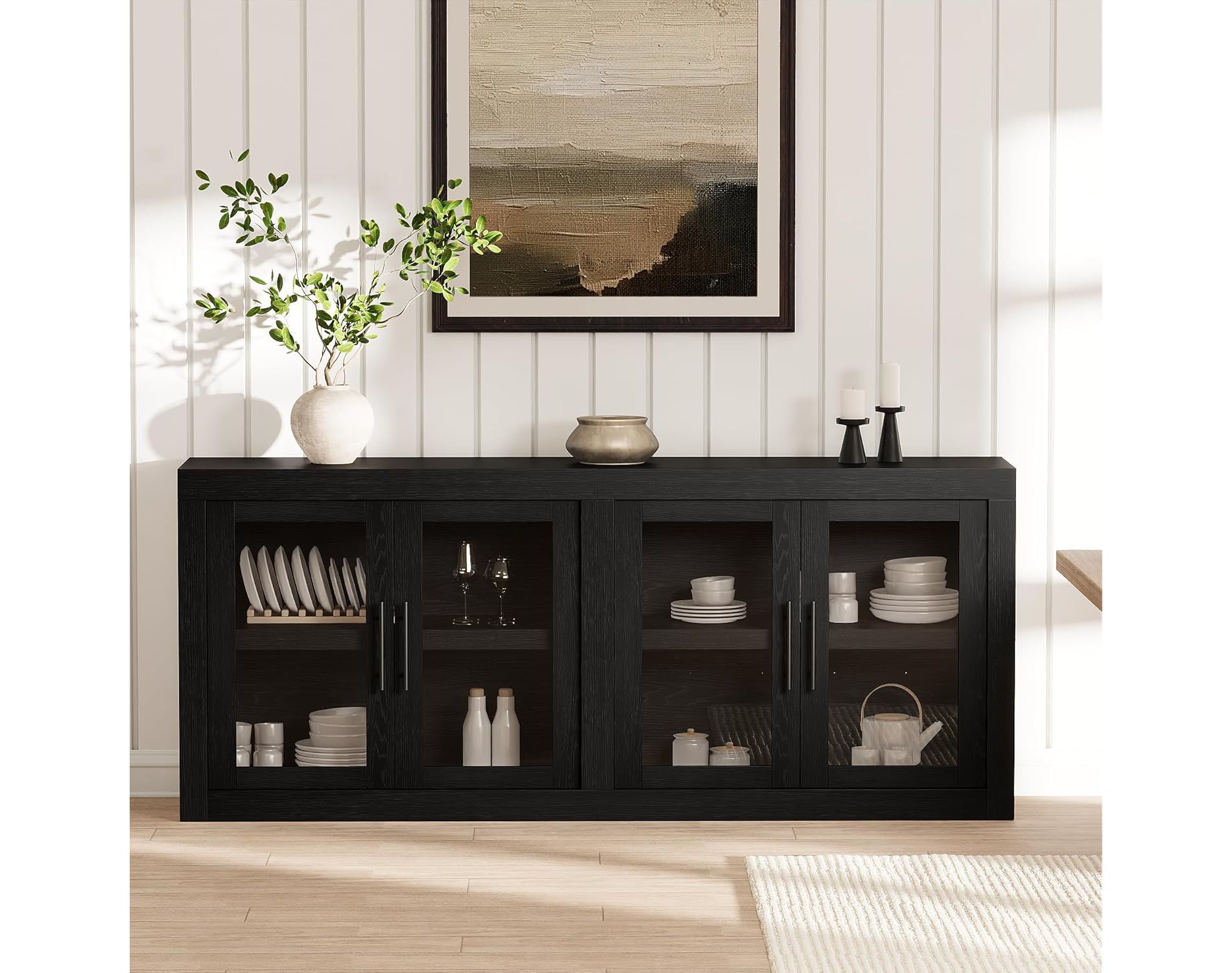 70.8" Mid Century Modern Buffet Cabinet w/ 4 Doors - Wood Coffee Bar & Media Credenza for Living Room, Kitchen, Hallway Storage