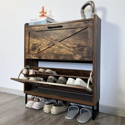 TIRAMISUBEST Rustic Brown Shoe Storage Cabinet with 2 Flip Doors - Freestanding Entryway Organizer with Metal Legs, Narrow Design