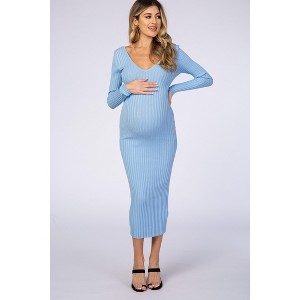 PinkBlush Light Blue V-Neck Long Sleeve Fitted Maternity Maxi Dress - 1 of 4