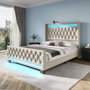 Greenstell  Bed Frame with HIgh Upholstered  Headboard & Charging Station and  LED Light - 1 of 4