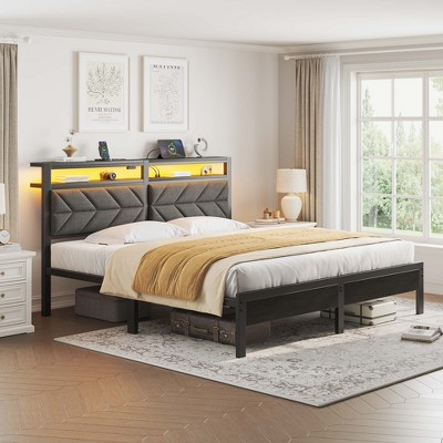 Greenstell  Bed Frame with Upholstered  Storage Headboard & Charging Station
