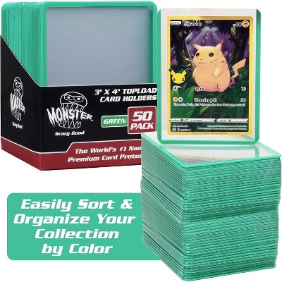 Monster Top Loaders for Trading Cards - 50, 3x4" Clear Hard Plastic Protector w Green Border- Compatible w Yugioh, Sports & More