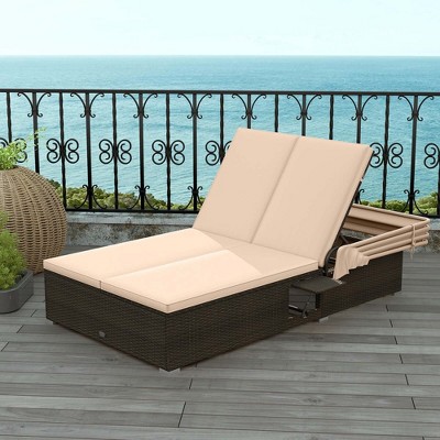 Costway 2-person Rattan Lounge Bed with Retractable Canopy 5-position Adjustable Backrest