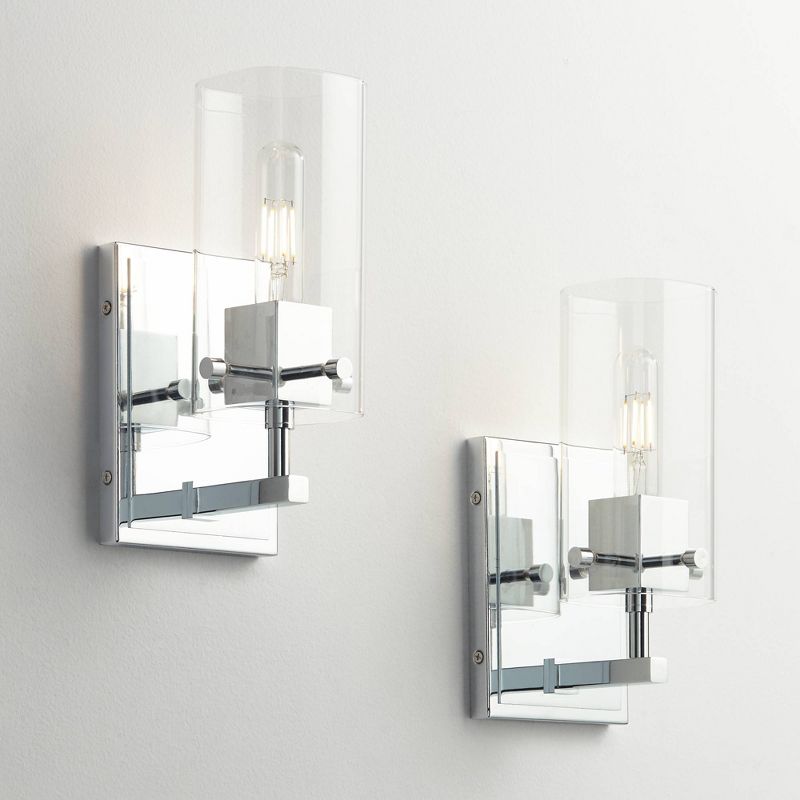 Possini Euro Design Modern Wall Light Sconces Set of 2 Chrome Hardwired 5" Fixture Clear Glass Shade for Bedroom Bathroom Vanity Living Room House, 2 of 9