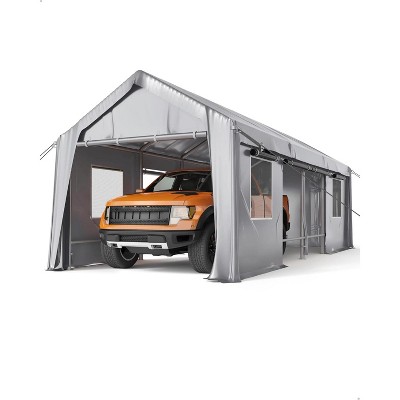13x25 ft Carport for All-Weather, Reinforced Steel Frame, Roll-Up Door & Mesh Windows, Fits Full-Size Trucks, Bass Boats & SUVs, Grey