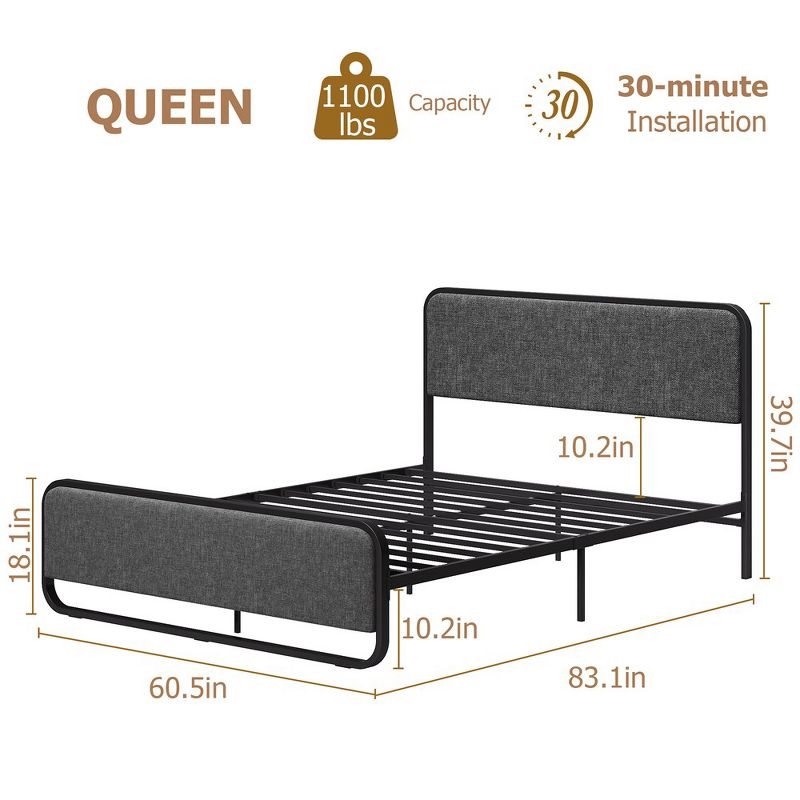 WhizMax Queen Size Bed Frame, Metal Platform Bed with Curved Upholstered Headboard, 4 of 6