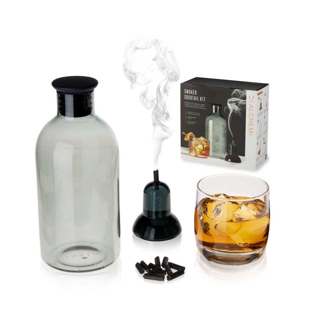 Viski Alchemi Smoked Cocktail Kit, 5-Piece Set, Glass Smoking Stand, Infuser Carafe, Silicone Stopper, Smoking Pellets & Recipe Booklet, Gifts for Men