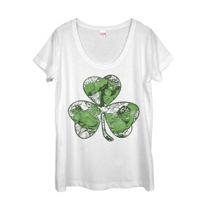 Women's Marvel St. Patrick's Day Hulk Vintage Clover Scoop Neck - 1 of 3