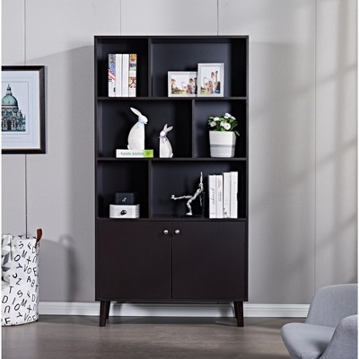 Vynxaria 67" Bookcase with Doors, 3-tier Bookshelf, Coffee