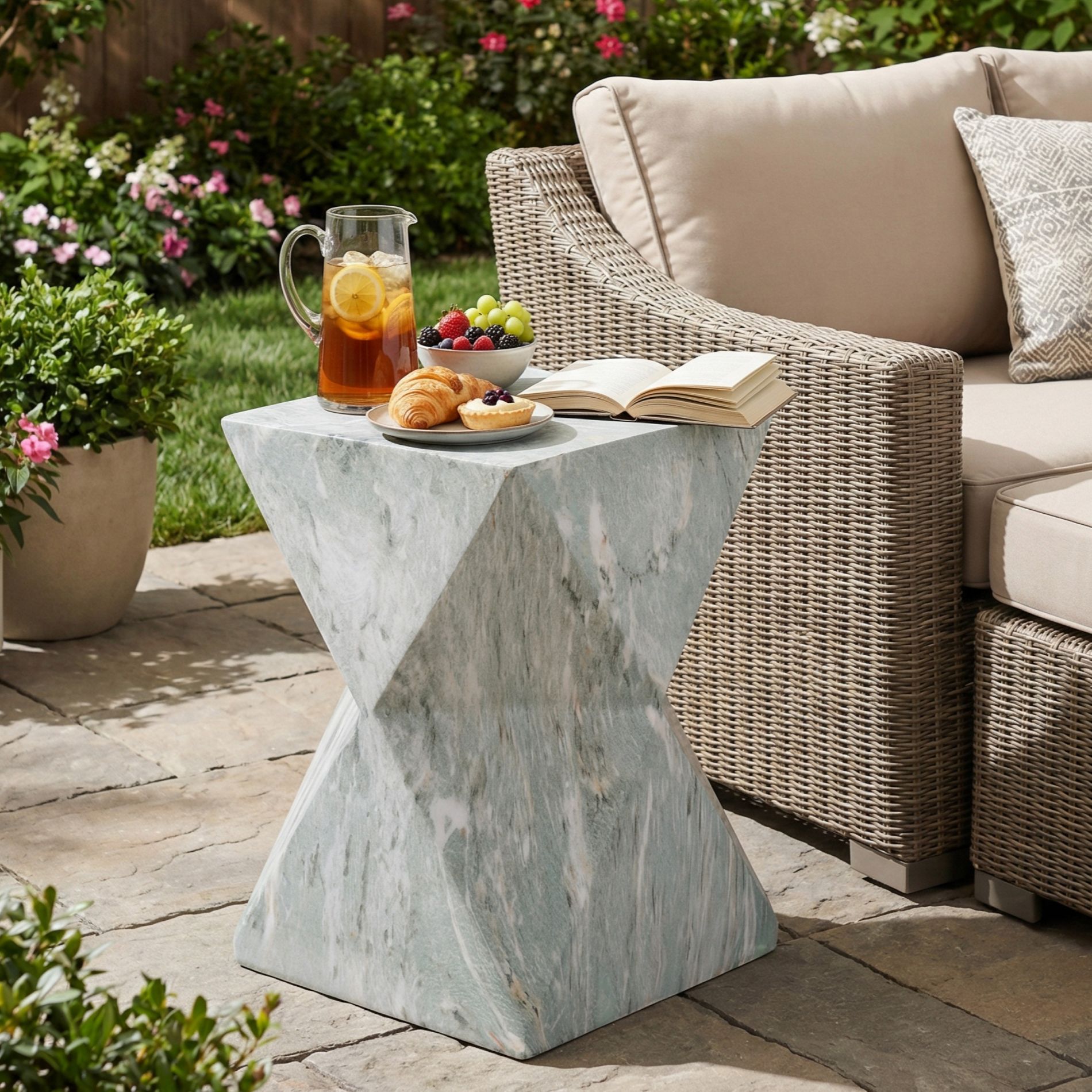 Geometric Patio End Table Indoor&Outdoor Side Table, MGO Weather Resist Decorative Accent Table Garden Plant Stand,No Assembly,Green Marble-ModernLuxe