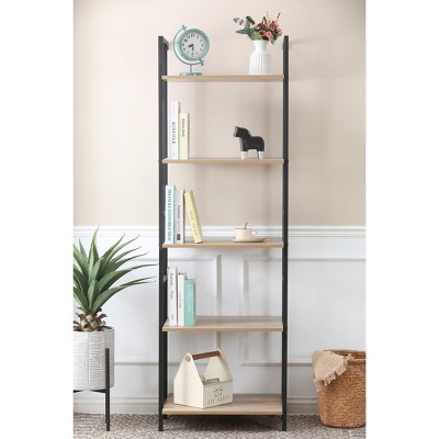 Light Oak and Black 5-Shelf Industrial Etagere Bookcase