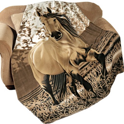 Western Horse Print Beige and Brown Fleece Throw Blanket