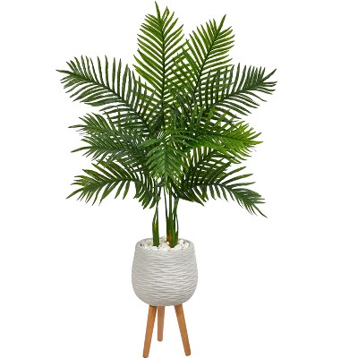 Nearly Natural 52-in Areca Palm Artificial Tree in White Planter with Stand (Real Touch)