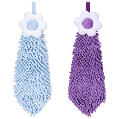 REGALWOVEN Chenille Soft Absorbent Flower Hanging Hand Towels for Bathroom 2 Pcs