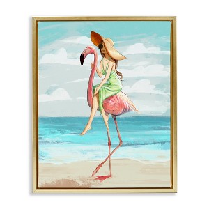 Stupell Industries Beach Woman Riding Pink Flamingo Floating Frame Canvas Art, Gold, 17" x 21" - 1 of 4