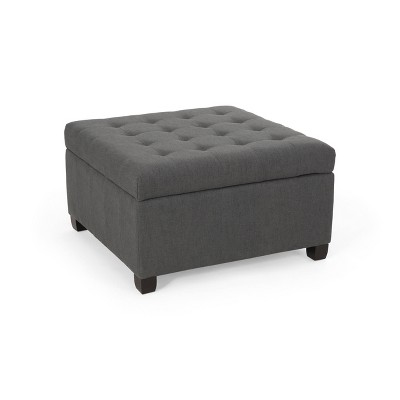 Dark Gray Tufted Fabric Storage Ottoman with Birch Legs
