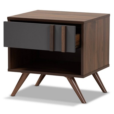 Naoki Two-Tone Gray and Walnut Wood Nightstand with Drawer