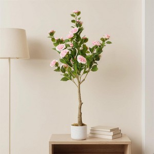 EcoSummer 2pcs 4FT Artificial Camellia Tree with Pink Flowers, Faux Plant in Pot for Home Office Floor Decor - 1 of 4