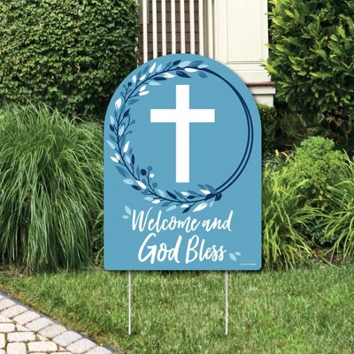 Big Dot of Happiness Blue Elegant Cross - Party Decorations - Boy Religious Party Welcome Yard Sign