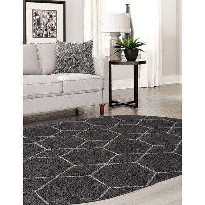 Trellis Frieze Dark Gray and Ivory Oval Synthetic Area Rug