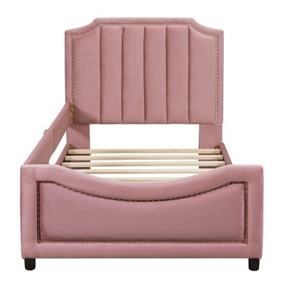 GustoWave Upholstered Platform Bed with Stripe Shaped Headboard, Single Heavy Duty Wood Bed Frame, No Box Spring Needed, Pink