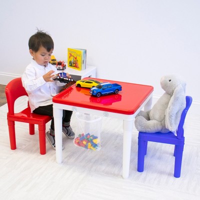 White and Primary Plastic Kids Activity Table with 2 Chairs and Building Blocks