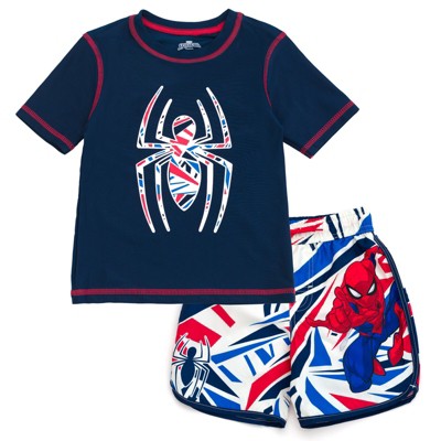 Marvel Spider-Man Little Boys UPF 50+ Rash Guard and Swim Trunks Outfit Set Logo Spider-Man Navy / White / Red 4