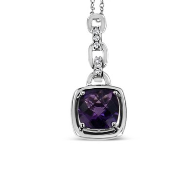 Haus of Brilliance Silver 6x6MM Cushion Shaped Purple Amethyst and Diamond Accented Pendant
