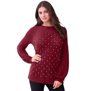 Roaman's Rhinestone Pointelle Knit Sweater - 1 of 4