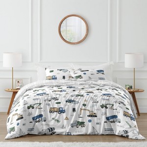 3pc Construction Truck Full/Queen Kids' Comforter Bedding Set Green and Blue - Sweet Jojo Designs: Kids Full Size Bedding - 1 of 4