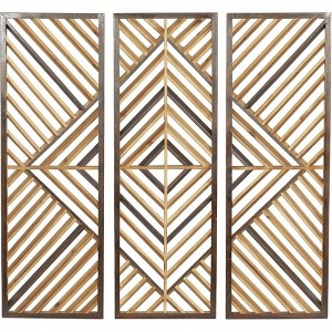 Wood Geometric Wall Art Set of 3, Slatted Wood Sculpture 12x35 inch Brown Home Decor Living Room Bedroom Wall Art - 1 of 4