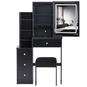 Okak Vanity Table with Drawers and Lights, 29.2" Small Size Left Bedside Cabinet Vanity Table, Extra Large Touch Control Sliding LED Mirror - 1 of 4
