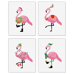 Big Dot of Happiness Flamingle Bells - Unframed Tropical Christmas Linen Paper Wall Art - Set of 4 - Artisms - 8 x 10 inches - 1 of 4