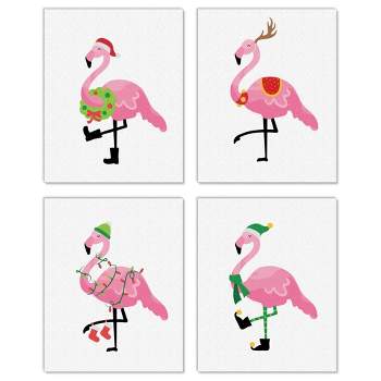 Big Dot of Happiness Flamingle Bells - Unframed Tropical Christmas Linen Paper Wall Art - Set of 4 - Artisms - 8 x 10 inches
