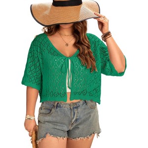Womens Plus Size Cardigan with Elbow Sleeve Crochet Lightweight Tie Front Sweater Cardigan Lace Crochet Tops for Plus Size Women - 1 of 1