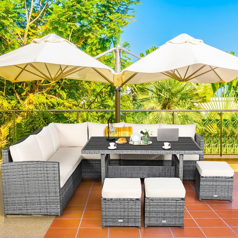 Costway 7 PCS Patio Rattan Dining Set Sectional Sofa Couch Ottoman Garden White\Red\Black, 3 of 11