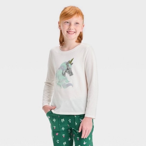 Girl's Unicorn White Sequins T-Shirt